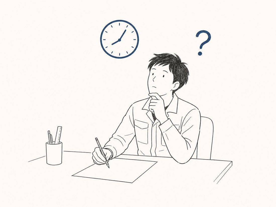 時計と？を前に考え込む設計者